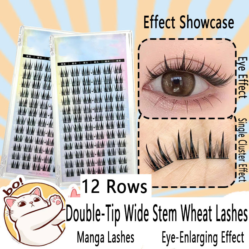 CURSAVELA 100PCS Double-Tip Wide Stem Wheat Lashes - Manga Single Cluster Sectioned Fine Stem Natural & Realistic False Eyelashes for Beginners