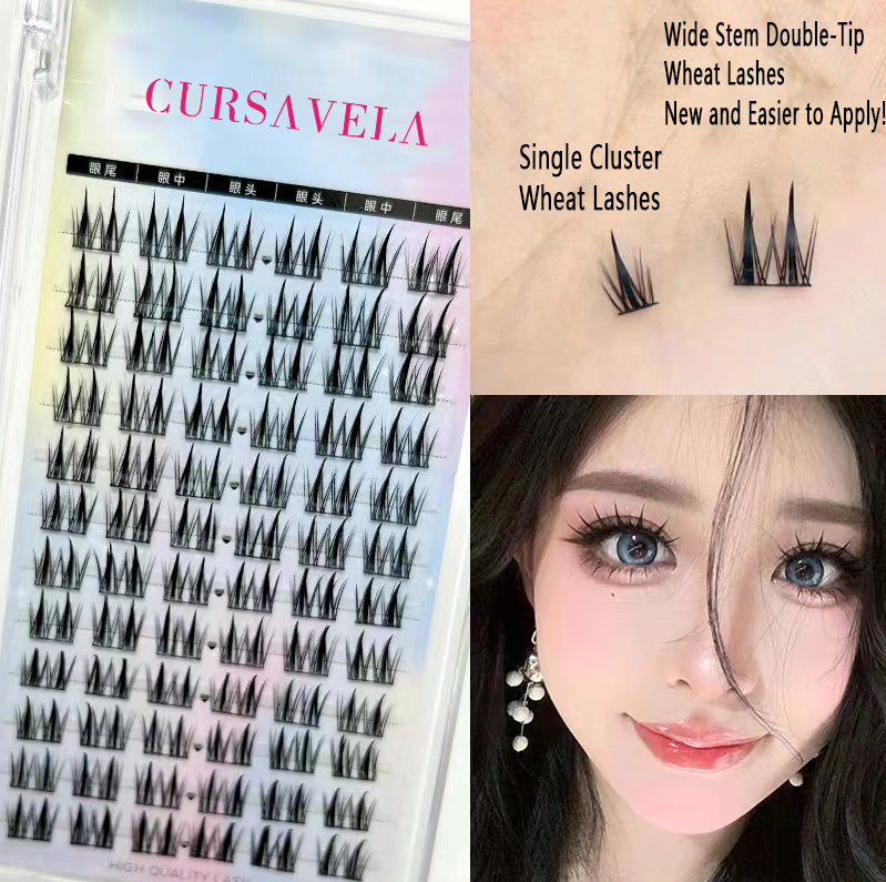 CURSAVELA 100PCS Double-Tip Wide Stem Wheat Lashes - Manga Single Cluster Sectioned Fine Stem Natural & Realistic False Eyelashes for Beginners