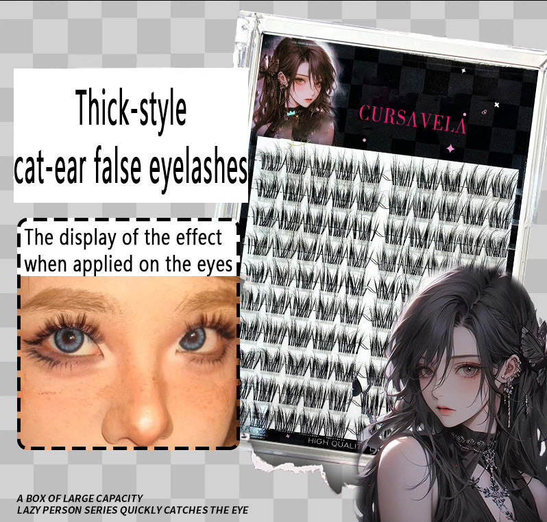 Must-have for Lazy Beauties! Thick Cat-Ear False Eyelashes with Wild Hair Flowing Feeling, Single Cluster Segmented Design, Perfect for Beginners to Shine in Photos