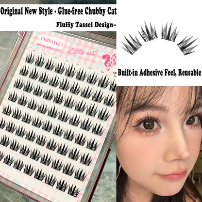 Cursavela Individual DIY lashes Original New Glue-Free "Big Face Cat" Fluffy Fringe False Eyelashes