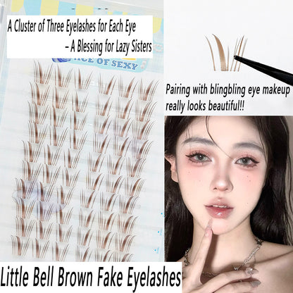 Lazy Girl Large Volume Little Bell Brown Fake Eyelashes | Transparent Stem, Natural Single Cluster, Beginner-Friendly, Manga Style