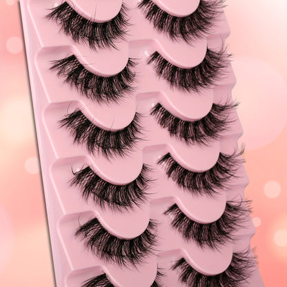 7 Pairs of Faux Mink Cat Eye Eyelashes - Ultra-Soft, Thick, Curly Design with Transparent Stem for a Natural Look - 12mm Length, Ideal for Daily Wear and Romantic Dates