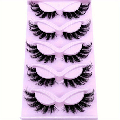 5 Pairs Cat-Eye 3D Faux Mink Eyelashes, Curling Winged Natural Realistic Messy End Elongated Thick False Eyelashes, Soft Fake Lashes