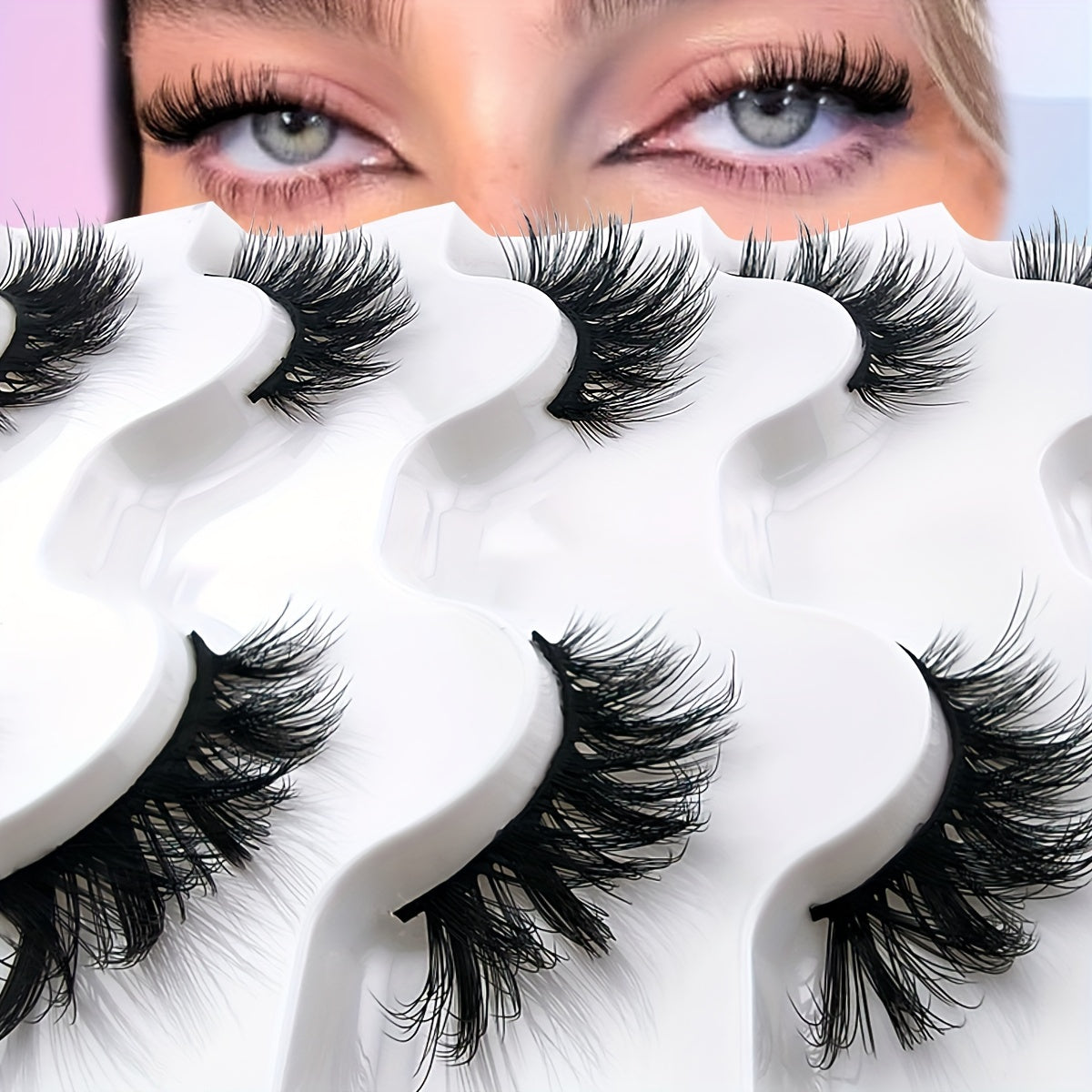 5 Pairs Half Lashes 16mm Natural Look Wispy Cat-Eye Lashes - Fluffy Soft 3/4 Corner Elongated Faux Mink Strip Lashes Set