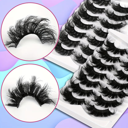 Classic Volume Eyelashes 7 Pairs 25mm Cat-Eye Faux Mink Lashes-8D Wispy,Dramatic Volume,Reusable,Easy to Apply