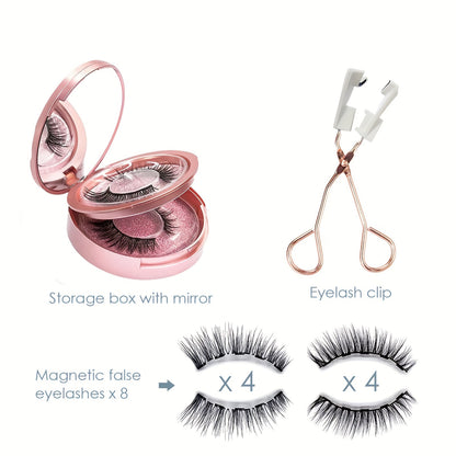 8 Pair Reusable Magnetic Dual 3D False Eyelashes Kit - No Glue, Waterproof, Natural Looking, Easy to Wear with Applicator for Any Holiday