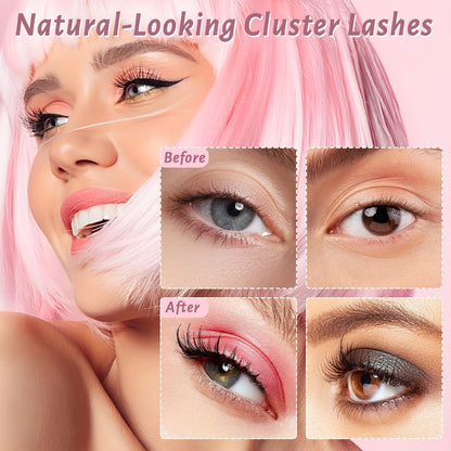 Cluster Lashes Natural Look, Wispy Manga Eyelash Extensions Strip, Cat Eye Lashes with Transparent Stem Short Anime Korean Makeup False Eyelashes (10 Pairs)