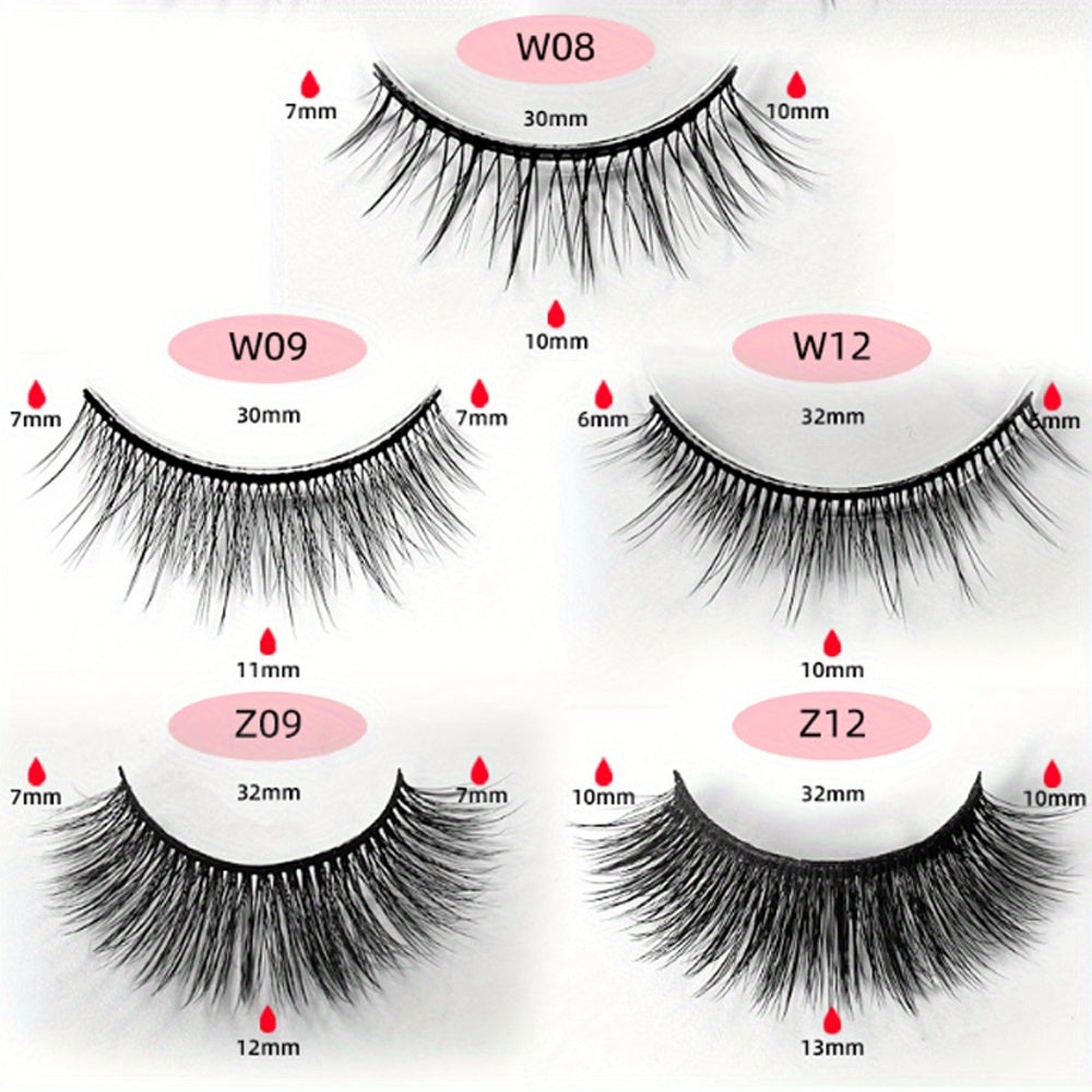 5 Pairs of Self-Adhesive Eyelashes in Various Styles - Natural Look, Wispy, Reusable Lightweight False Eyelashes, Pre-Glued, Beginner-Friendly.