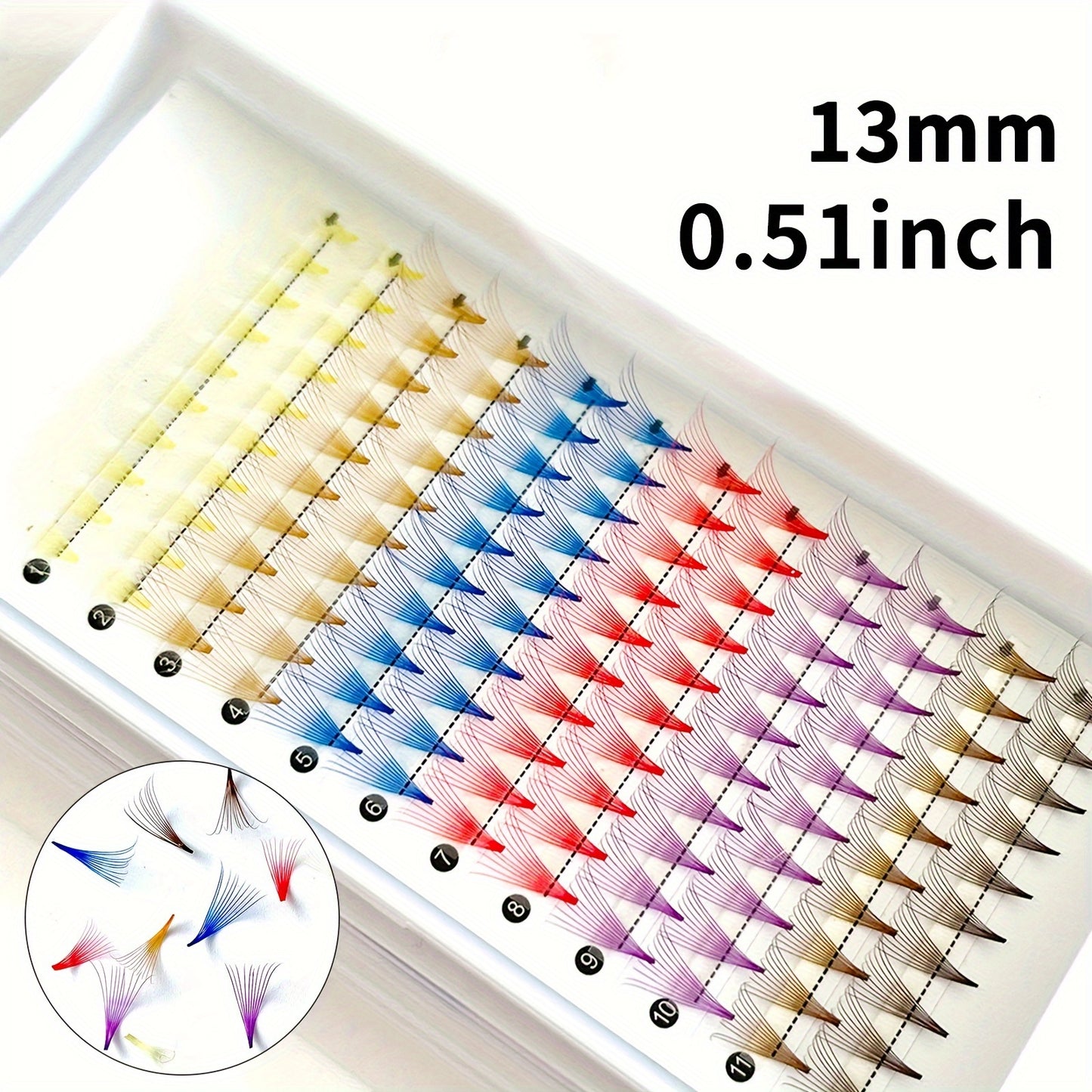 Colorful 10D Volume Fan Eyelash Extensions - 120 Clusters, Pointed Base, Easy-to-Apply & Reusable, Ethically Made, D-Curl, Mixed Colors (Yellow, Blue, Purple, Brown).