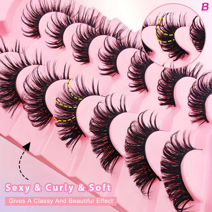 CURSAVELA 7 Pairs of D-Curl 19mm Manga Lashes - Thick & Wispy, Natural Slender Style for Cosplay & Anime Looks