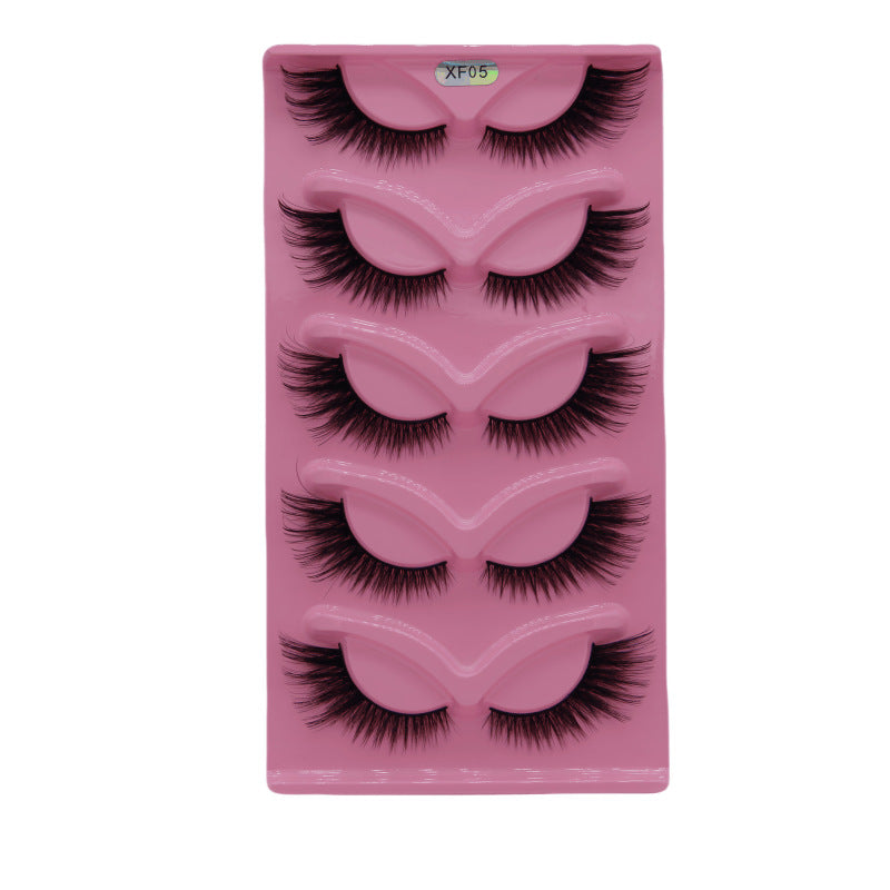 5-Pair Set 3D Cat Eye Fox Style False Eyelashes, Vintage Slanted Fluttering Design, Natural, Dense, Curled, Faux Lashes