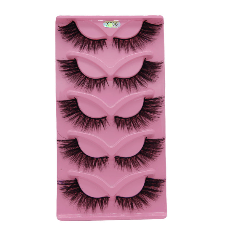 5-Pair Set 3D Cat Eye Fox Style False Eyelashes, Vintage Slanted Fluttering Design, Natural, Dense, Curled, Faux Lashes