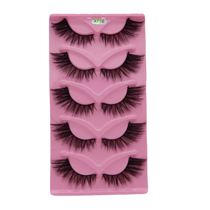 5-Pair Set 3D Cat Eye Fox Style False Eyelashes, Vintage Slanted Fluttering Design, Natural, Dense, Curled, Faux Lashes