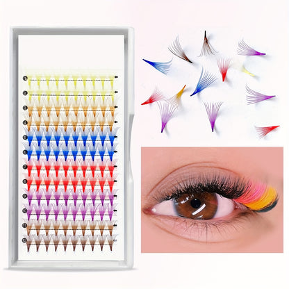 Colorful 10D Volume Fan Eyelash Extensions - 120 Clusters, Pointed Base, Easy-to-Apply & Reusable, Ethically Made, D-Curl, Mixed Colors (Yellow, Blue, Purple, Brown).