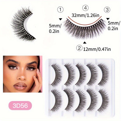 5 Pairs Natural Strip Lashes, 3D Volume Faux Mink, C Curl, Fluffy Cat Eye, Soft Curly, Flared Wing Tips, Reusable, Looks Like Extensions for Daily Use