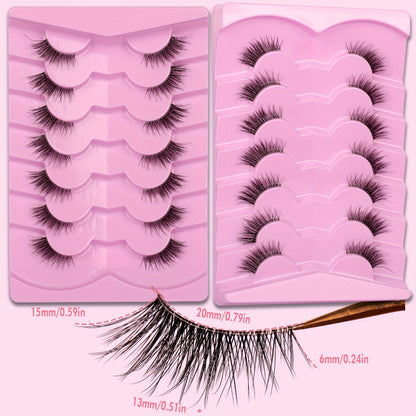 CURSAVELA 3D Faux Mink Natural Cat Eye Half Lashes, Fluffy Wispy Design, Soft Strips Fake Eyelashes (7 Pairs)