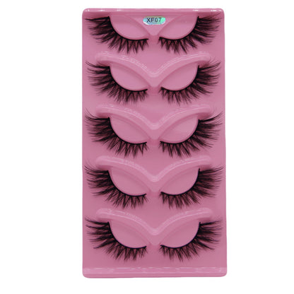 5-Pair Set 3D Cat Eye Fox Style False Eyelashes, Vintage Slanted Fluttering Design, Natural, Dense, Curled, Faux Lashes