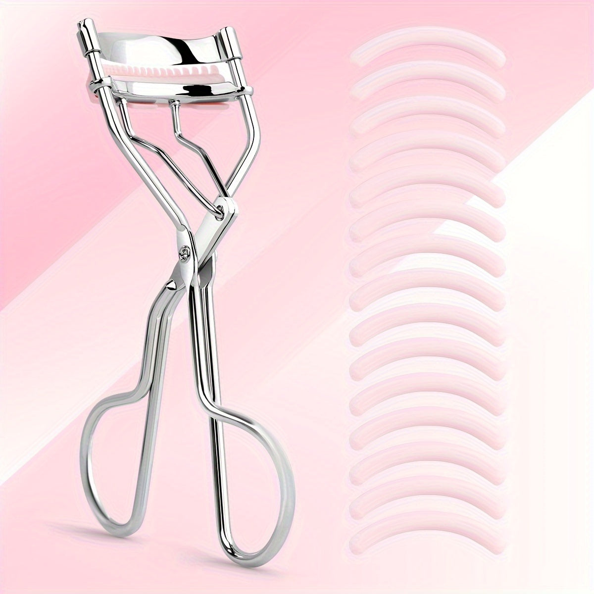 Portable Eyelash Curler (15 Silicone Pads), Stainless Steel Curved Handle, Curl & Shape, No Damage, Suitable for Women.