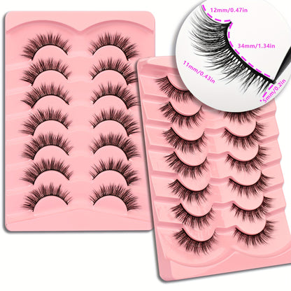 CURSAVELA 3D Faux Mink Natural Cat Eye Half Lashes, Fluffy Wispy Design, Soft Strips Fake Eyelashes (7 Pairs)