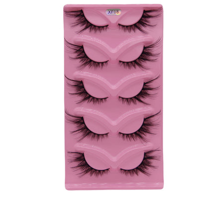 5-Pair Set 3D Cat Eye Fox Style False Eyelashes, Vintage Slanted Fluttering Design, Natural, Dense, Curled, Faux Lashes