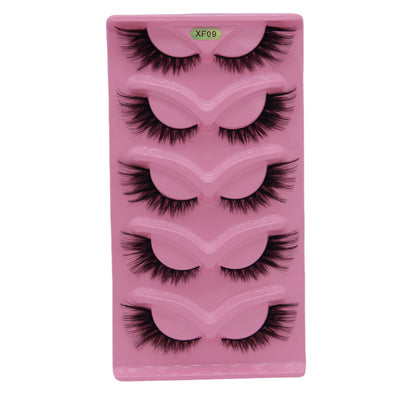 5-Pair Set 3D Cat Eye Fox Style False Eyelashes, Vintage Slanted Fluttering Design, Natural, Dense, Curled, Faux Lashes