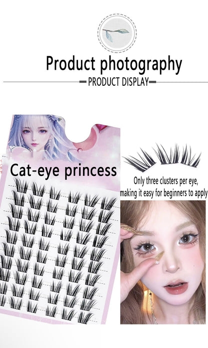 10-Row High-Capacity Cat-Eye Style Natural and Thick False Lashes, Lazy Segment Design, Realistic Single Cluster Manga Lashes