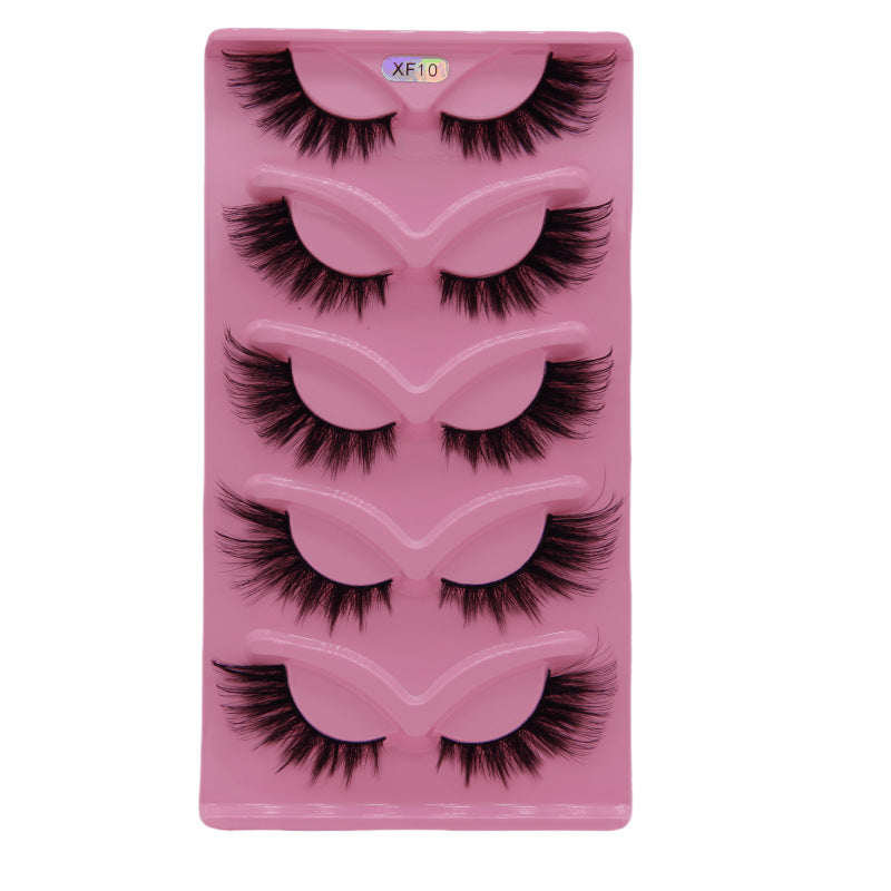 5-Pair Set 3D Cat Eye Fox Style False Eyelashes, Vintage Slanted Fluttering Design, Natural, Dense, Curled, Faux Lashes