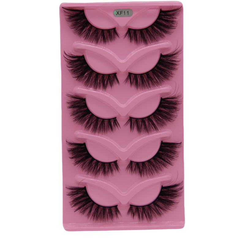 5-Pair Set 3D Cat Eye Fox Style False Eyelashes, Vintage Slanted Fluttering Design, Natural, Dense, Curled, Faux Lashes