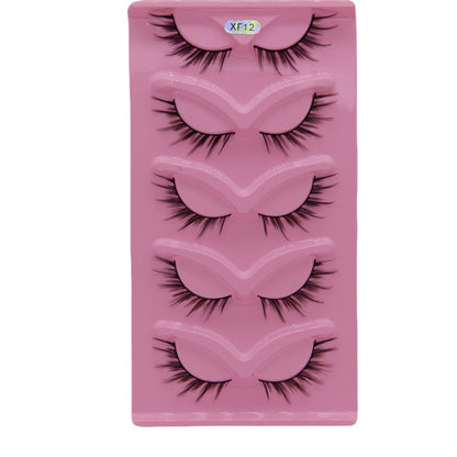 5-Pair Set 3D Cat Eye Fox Style False Eyelashes, Vintage Slanted Fluttering Design, Natural, Dense, Curled, Faux Lashes