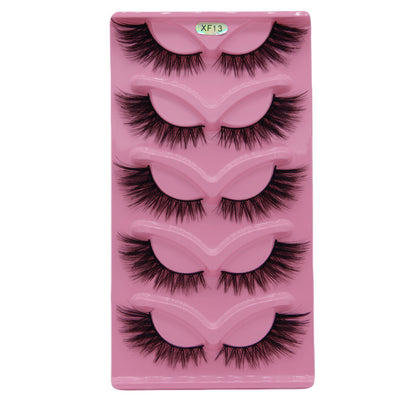 5-Pair Set 3D Cat Eye Fox Style False Eyelashes, Vintage Slanted Fluttering Design, Natural, Dense, Curled, Faux Lashes