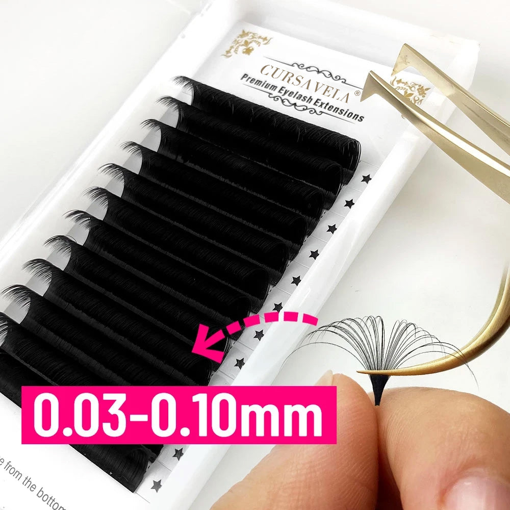 Easy Fan Eyelashes 100 pcs CURSAVELA 0.03-0.10mm Matte Dark Black Easy Fan Lashes Volume Extension Mega Eyelashes Blooming Fans Eyelash Extension