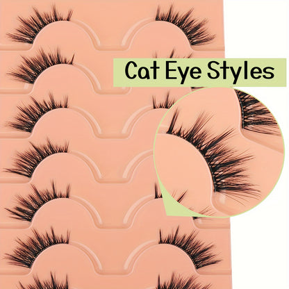 7 Pairs 3D Natural Half Lashes - Wispy Cat Eye Manga Style with C Curl and Transparent Band