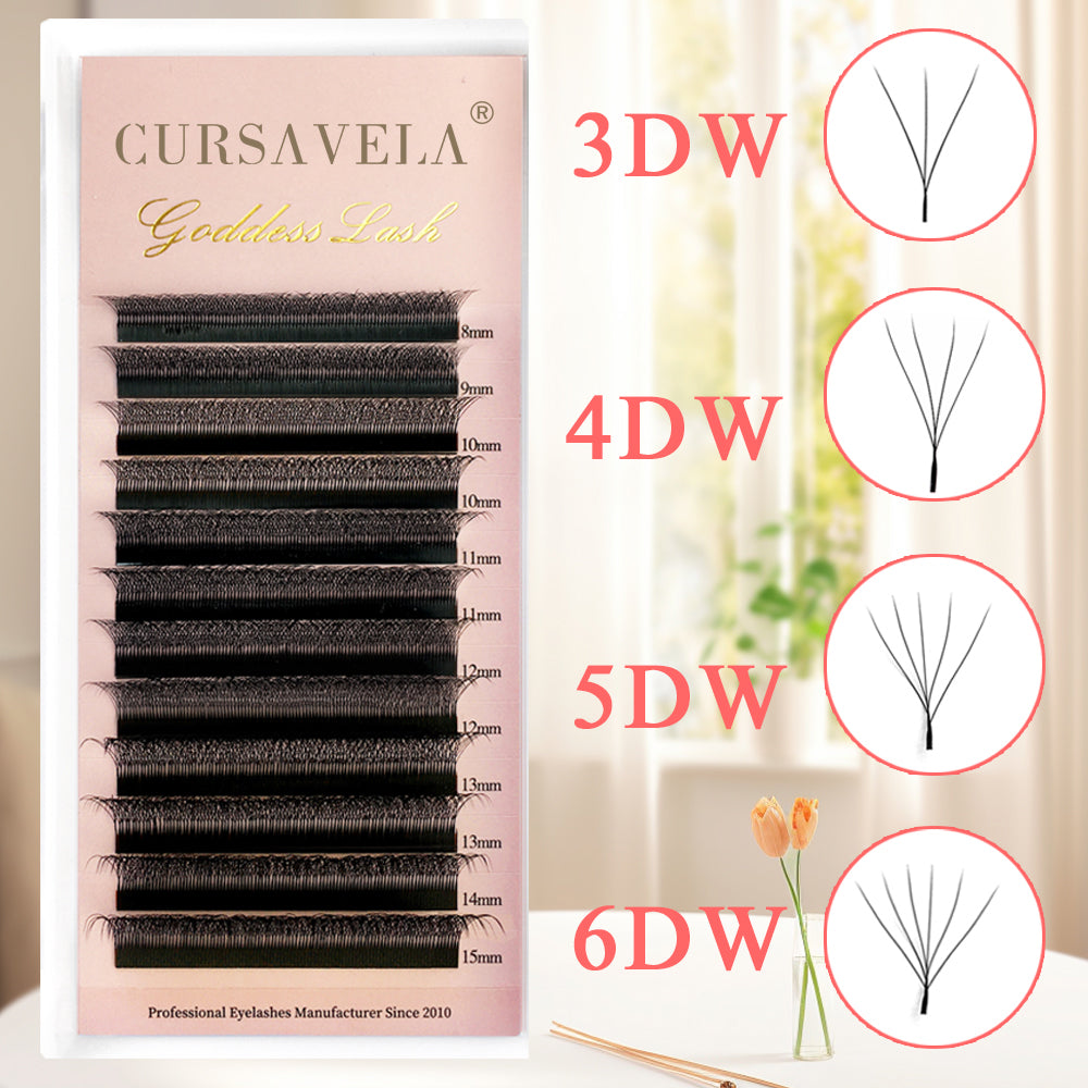 W Pre-Made Eyelashes CURSAVELA 3D-8D W Shape Lashes. Premium 4D Premade Fan Extensions, 0.07 C/D Curl. Soft and Natural.