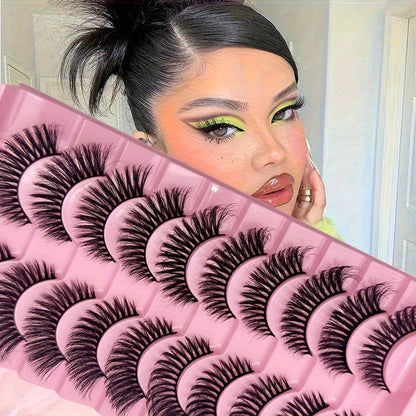 10 Pairs 8D Fluffy Faux Mink Cat Eye False Eyelashes - D Curl, Mixed Styles, 13mm-18mm, Self-Adhesive & Reusable with Glue