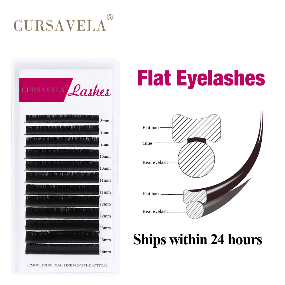 Ellipse Flat Eyelashes CURSAVELA 100pcs Ellipse Flat Eyelash Extensions 0.15/0.20 Silk Classic Individual Lashes-Natural Faux Mink,Matte Black Wire.