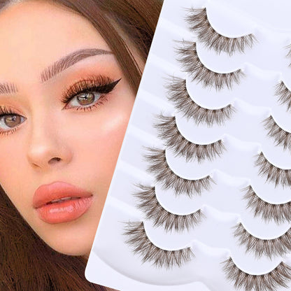 Multi-Pair Synthetic Fiber 3D Curled Brown False Eyelashes with Transparent Stem, Cross-Border Colored Lashes