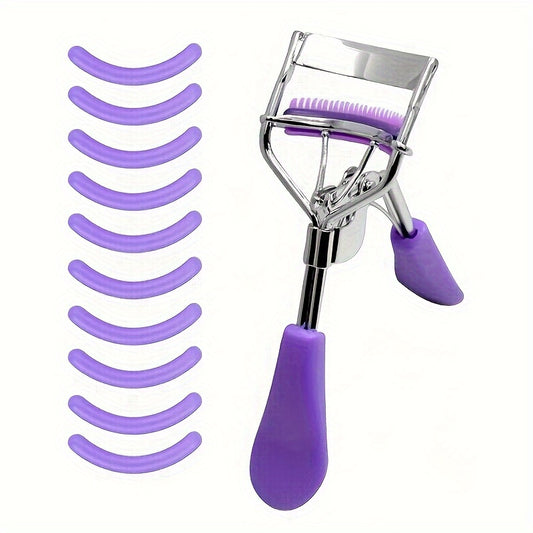 1 PCS Long-Lasting Eyelash Curler with Comb - Gentle, Pinch-Free Makeup Tool for All Eye Types - Includes 10 Silicone Refill Pads, Suitable for Women, Purple