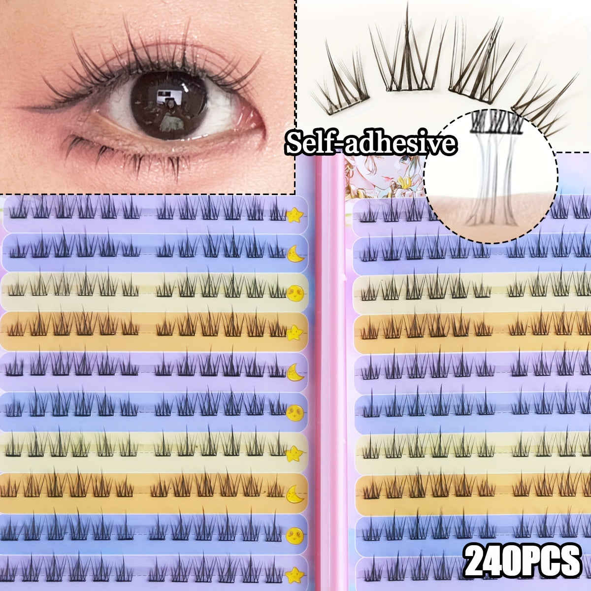 240 Clusters of Self-Adhesive False Eyelashes, No Glue Required, 8-12mm Sunflower False Eyelashes, C Curling, Self-Grafting, Natural and Light