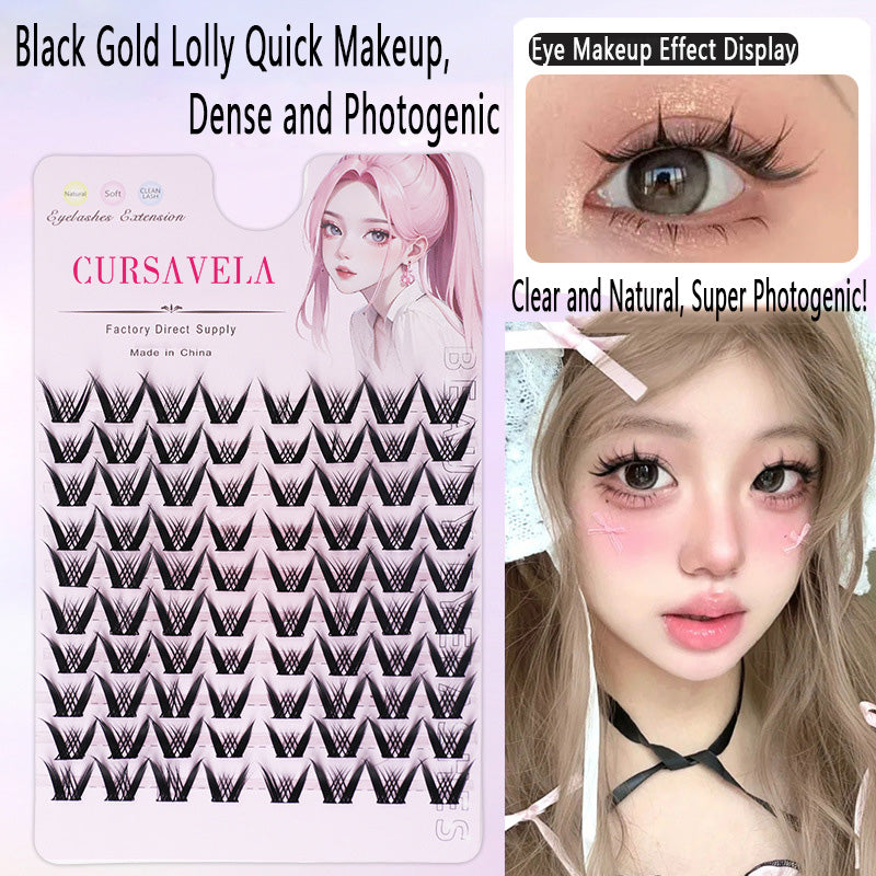 Black Gold Lolly No Glue False Lashes, 80 Clusters, Manga-Inspired Natural Pure Eyes Lash