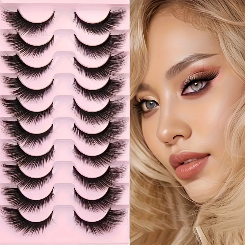 10 Pairs of Fluffy 8D Faux Mink Eyelashes - Lightweight & Comfortable, Hypoallergenic Cat Eye Style for Natural Look and Dramatic Volume.