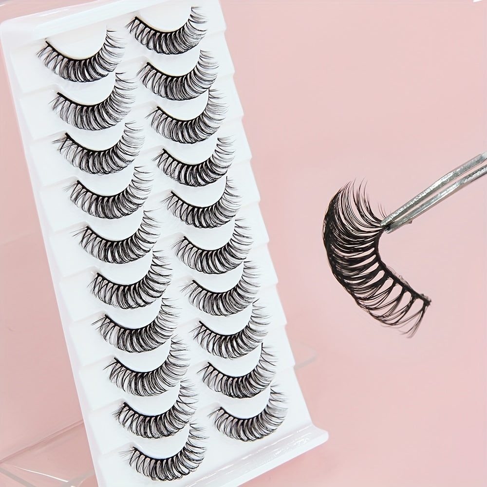 10 Pairs D-Curl False Eyelashes, Lightweight Natural Wispy 3D, 6-12mm Length, Reusable, Doll Eyes, Role Play