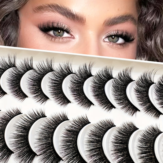 10 Pairs Cat Eye False Eyelashes - Fluffy Volume C Curl Faux Mink in 6-9mm, 10-12mm, 13-15mm, Perfect for Beginners, Reusable.