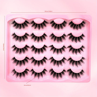 10 Pairs of Luxurious Wispy Natural Faux Mink Eyelashes - 3D Dramatic Volume, Fluffy & Long, Cat Eye Manga Style