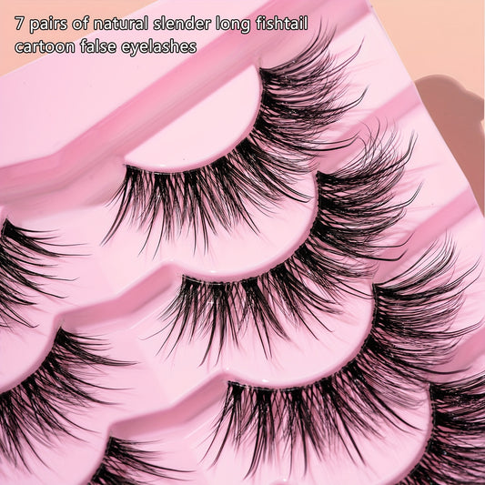 CURSAVELA 7 Pairs of Natural Long Transparent Stem Cat Eye False Eyelashes, Ideal for Fairy and K-pop Inspired Looks