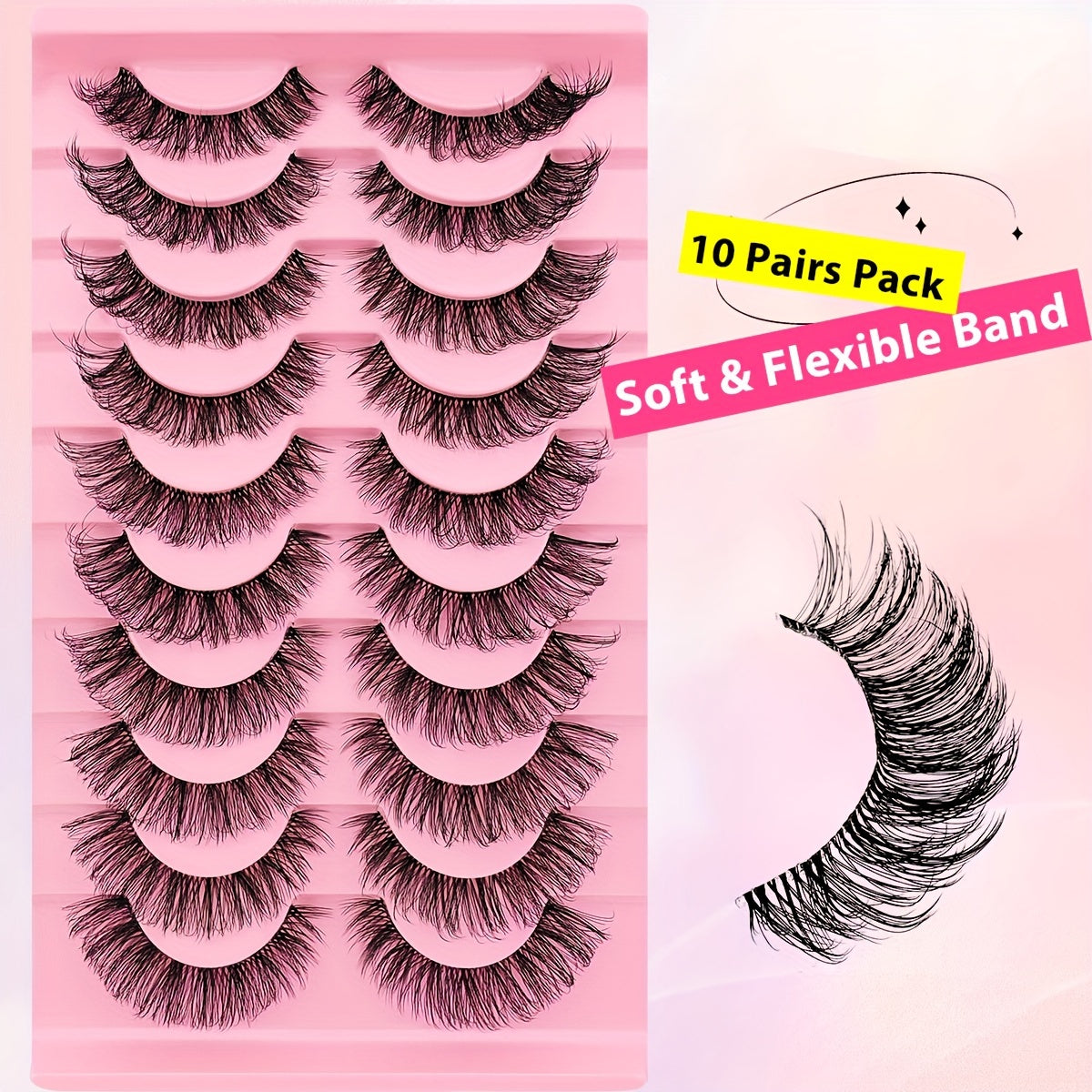 10 Pairs False Eyelashes Set - Cat Eye Russian DD Curl, D Curl, 16-18mm Fluffy Lashes, Natural Look Clear Band Faux Mink with Extended Outer Corner