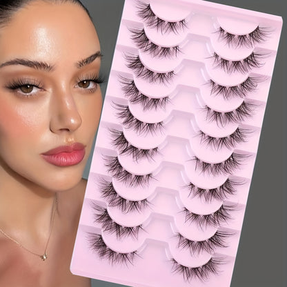 Cluster Lashes Natural Look, Wispy Manga Eyelash Extensions Strip, Cat Eye Lashes with Transparent Stem Short Anime Korean Makeup False Eyelashes (10 Pairs)