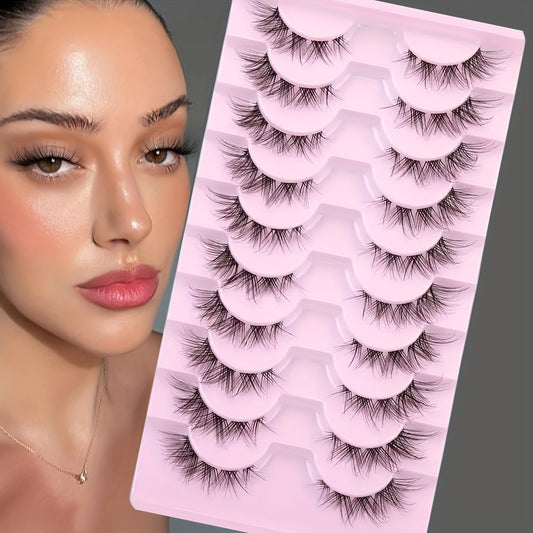 Cluster Lashes Natural Look, Wispy Manga Eyelash Extensions Strip, Cat Eye Lashes with Transparent Stem Short Anime Korean Makeup False Eyelashes (10 Pairs)