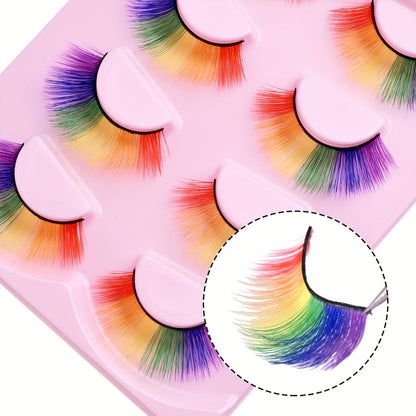 4 Pairs Mixed Colorful False Eyelashes, 10-17mm Rainbow Full Strip Black Stem 3D Curled Fluffy Thick Lashes for Anime Cosplay & Doll Makeup, Music Festival Looks