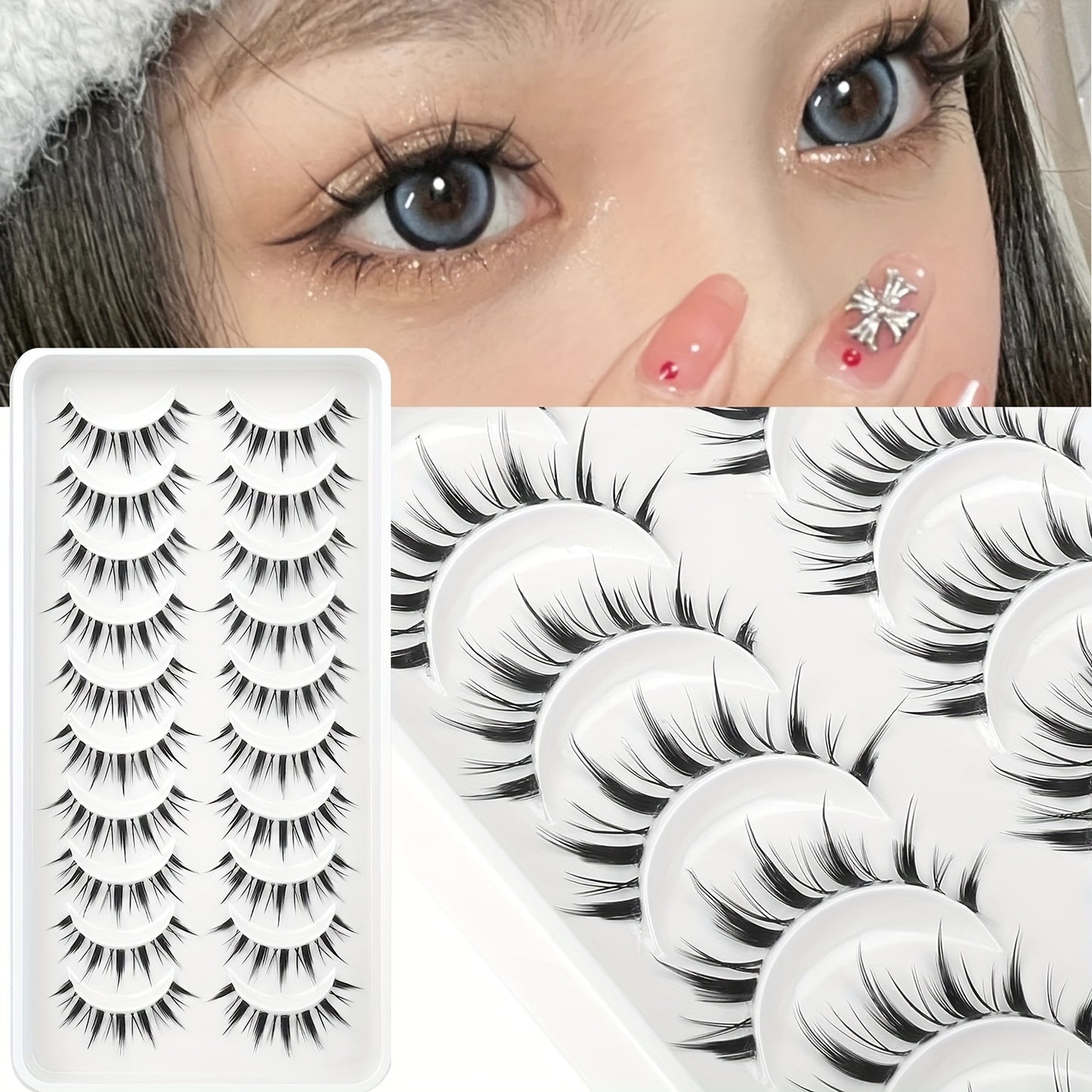 CURSAVELA  10 Pairs Wispy Manga Lashes – Natural Cat Eye, Korean Anime Style, Lightweight, Reusable