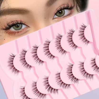 Hypoallergenic Natural Long Fish Tail False Eyelashes - 7 Pairs with Transparent Band, Soft Faux Lashes for Daily & Date Makeup